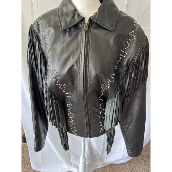 Leather Fringe Jacket Studded USA Bikers Dream Apparel Black Western - Picture 1 of 10
